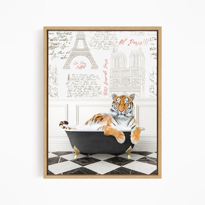 A tiger is sitting in a bathtub, surrounded by various texts and illustrations, including the Eiffel Tower and other Parisian landmarks.