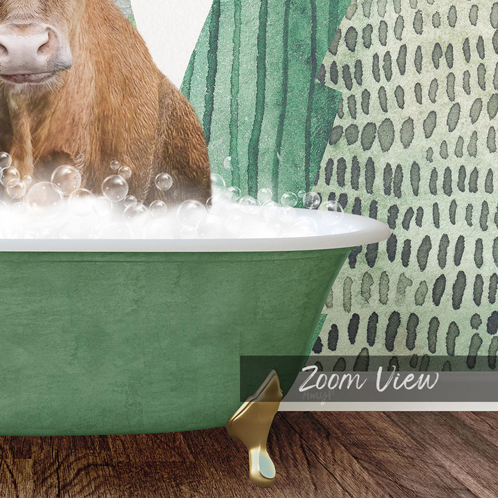 A cow is sitting in a green bathtub filled with bubbles, with a patterned wall in the background.
