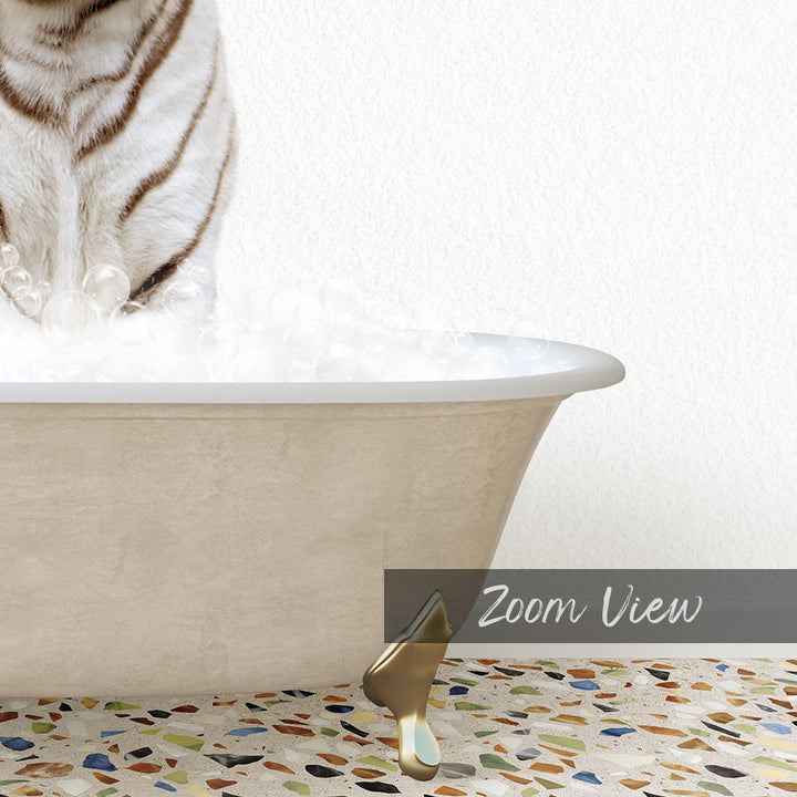 A white cat standing in a bathtub filled with bubbles, with a text overlay that reads "Zoom View".