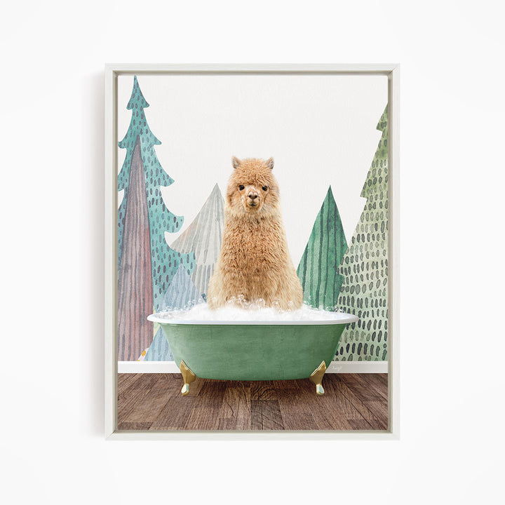 A fluffy brown dog sitting in a green bathtub, surrounded by a whimsical forest scene with trees and snow.
