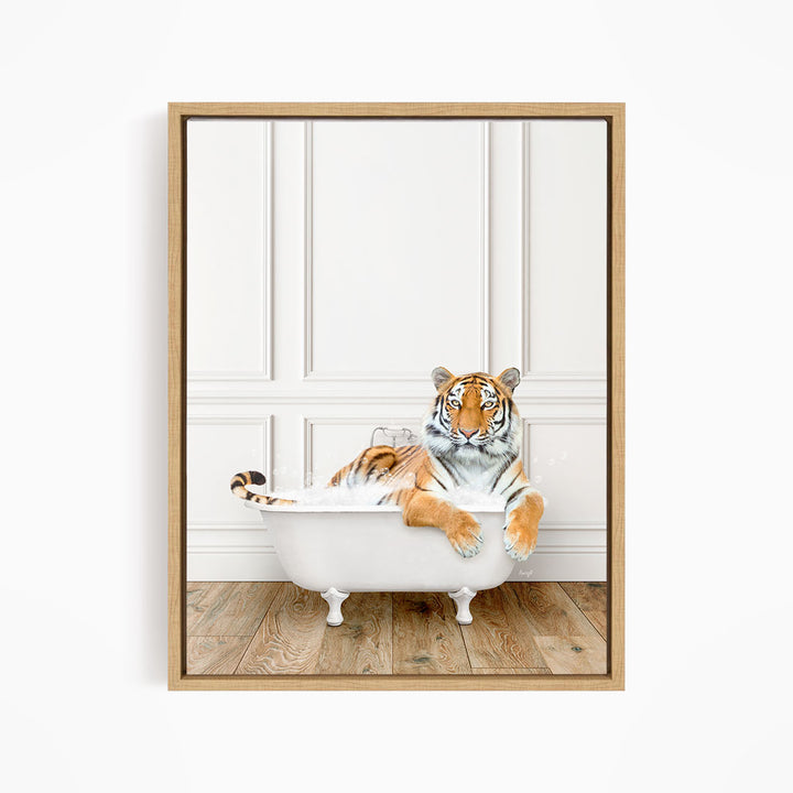 A tiger is sitting in a white bathtub, appearing relaxed and comfortable.
