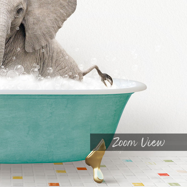 A large elephant is sitting in a green bathtub filled with bubbles, with its foot in the water.