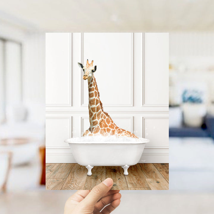A giraffe sitting in a white bathtub filled with water, creating a whimsical and playful scene.