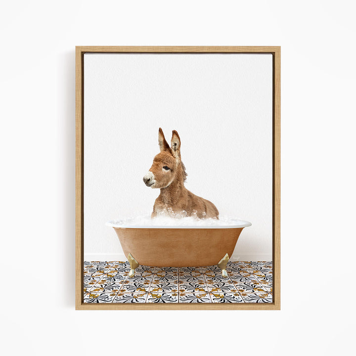 A donkey is sitting in a bathtub filled with water, surrounded by a patterned tile floor.
