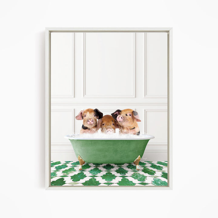 Three adorable pigs sitting in a green bathtub, enjoying a relaxing bath.