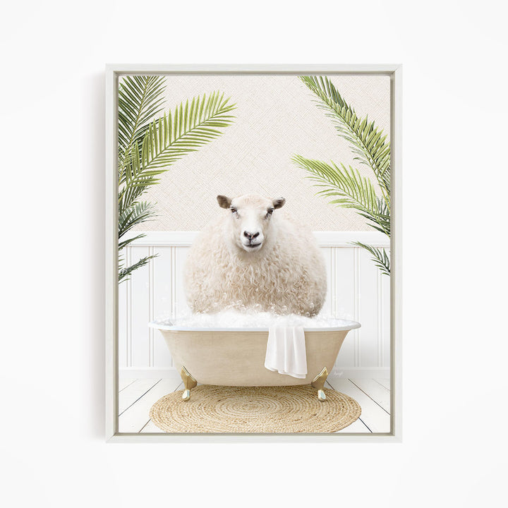 A fluffy white sheep sits in a white bathtub, surrounded by green palm leaves, creating a whimsical and relaxing scene.