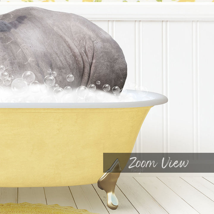 A large gray rhinoceros is sitting in a yellow bathtub filled with bubbles, creating a whimsical and playful scene.