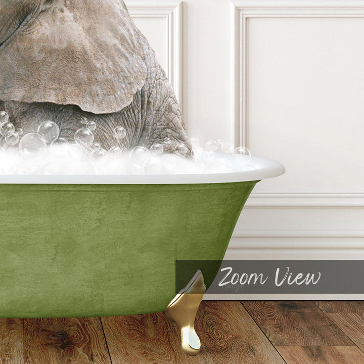 A green bathtub filled with bubbles, with a large elephant partially submerged in the water.