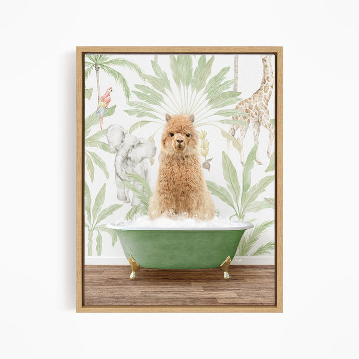 A small dog sitting in a green bathtub filled with water, surrounded by tropical plants and animals, such as a giraffe and a parrot.