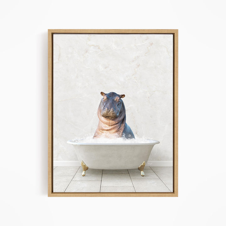 A hippopotamus sitting in a white bathtub filled with water, creating a whimsical and playful scene.