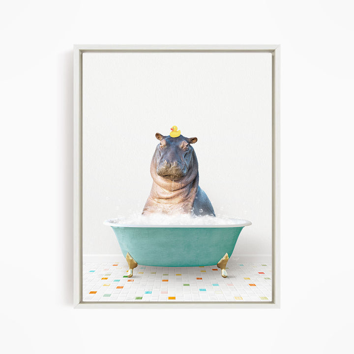 A hippopotamus sitting in a bathtub filled with bubbles, wearing a yellow rubber duck on its head.