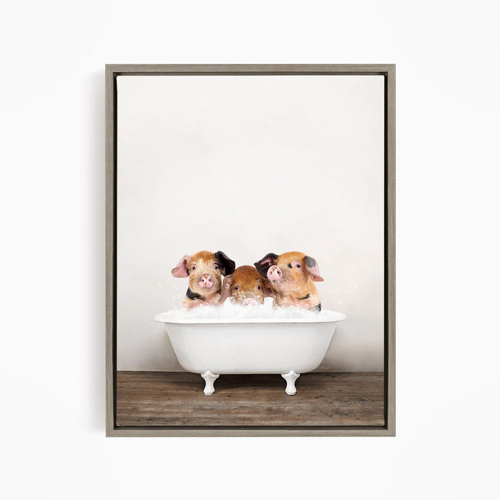 Three adorable pigs sitting in a white bathtub, enjoying a relaxing bath together.