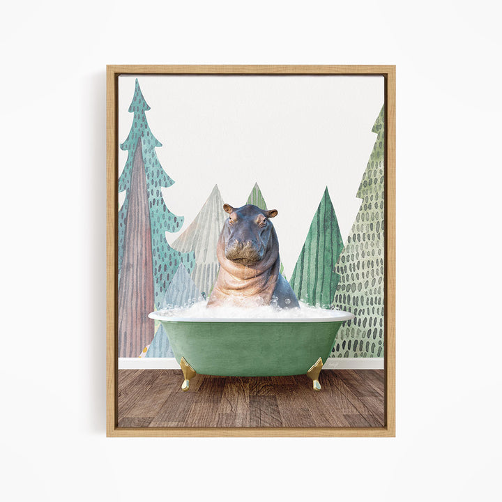A hippopotamus sitting in a green bathtub, surrounded by a forest-like background with trees and a snowy landscape.
