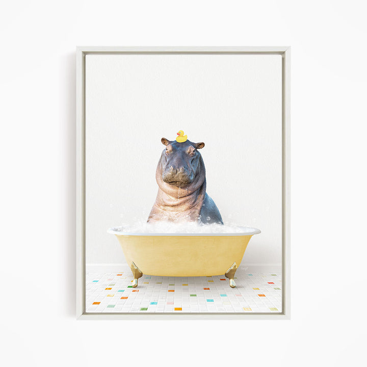A hippopotamus sitting in a yellow bathtub, with a rubber duck perched on its head.