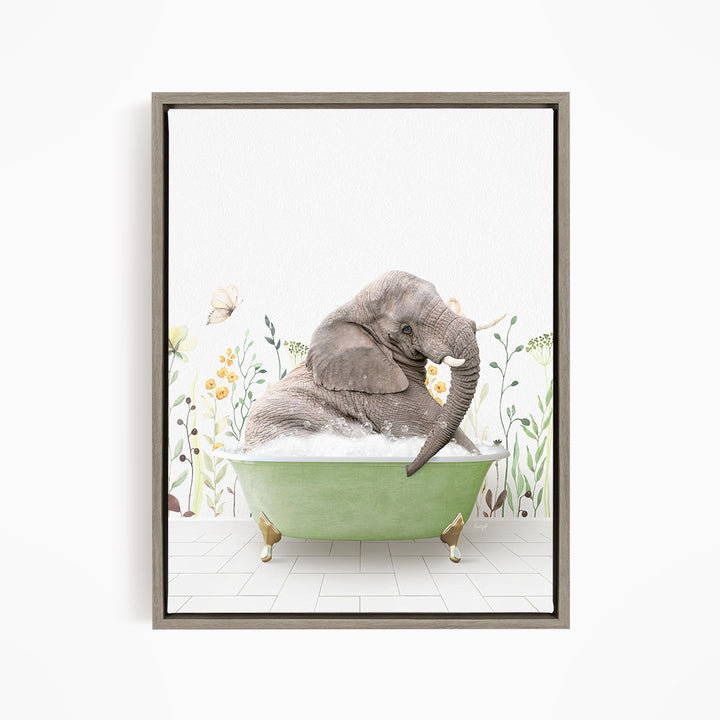 A gray elephant is sitting in a green bathtub filled with bubbles, surrounded by flowers and butterflies.