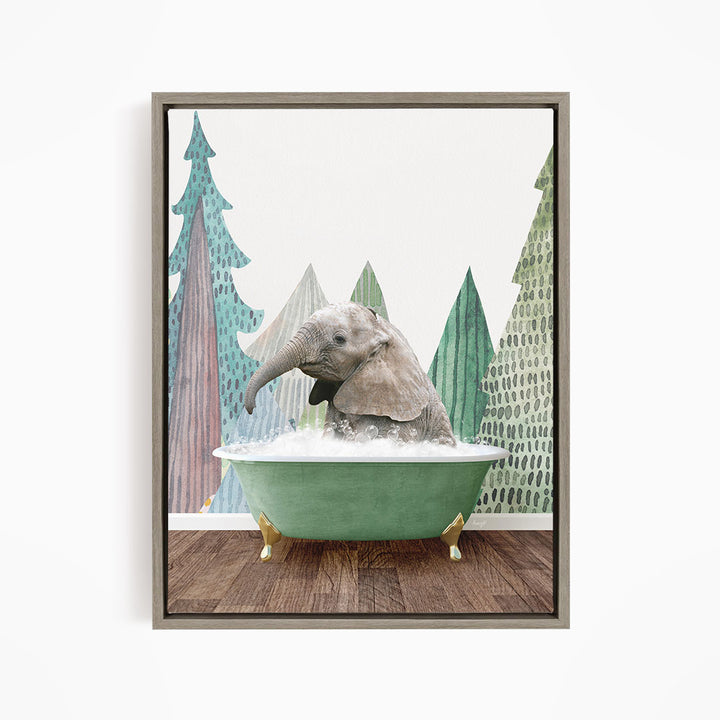 A baby elephant sitting in a green bathtub, surrounded by a forest-themed background.