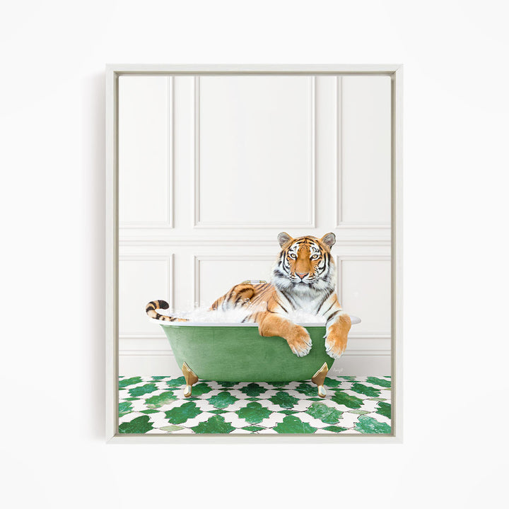A tiger is sitting in a green bathtub, surrounded by a green and white patterned floor.