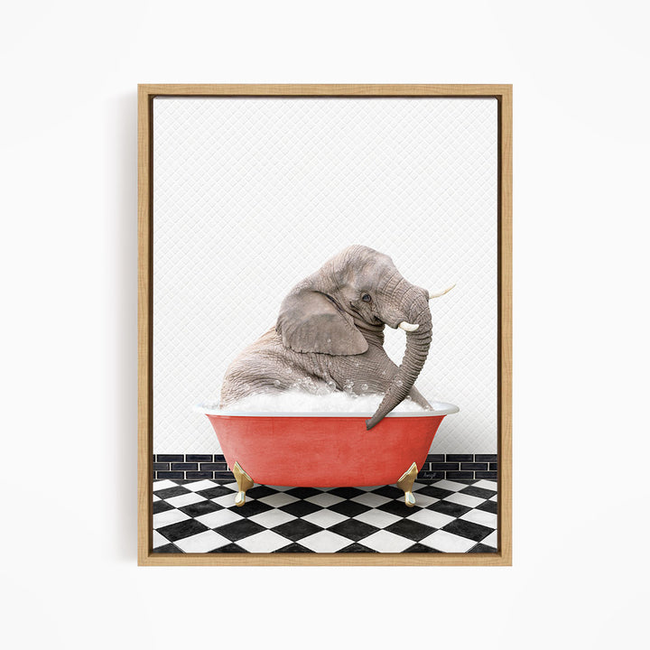 A gray elephant sitting in a red bathtub filled with water, surrounded by a black and white checkered floor.