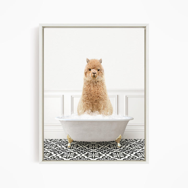 A fluffy brown dog sitting in a white bathtub filled with bubbles, surrounded by a black and white patterned floor.