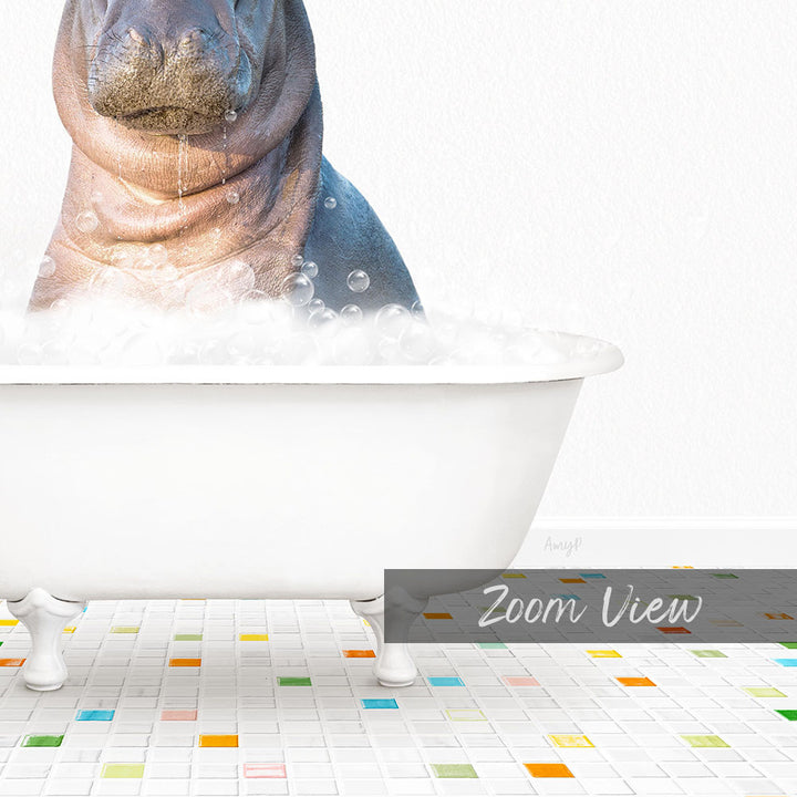A close-up of a hippopotamus submerged in a bathtub filled with bubbles, with a colorful tiled floor in the foreground.