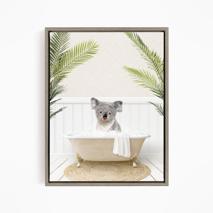 A koala bear sitting in a bathtub filled with water, surrounded by palm leaves.
