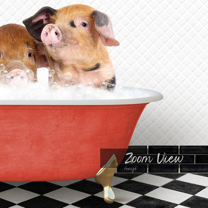 Two adorable pigs sitting in a red bathtub filled with bubbles, with a black and white checkered floor in the background.