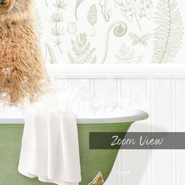 A fluffy brown cat sitting in a green bathtub filled with bubbles, with a white towel draped over the side and a green wall with various botanical illustrations in the background.