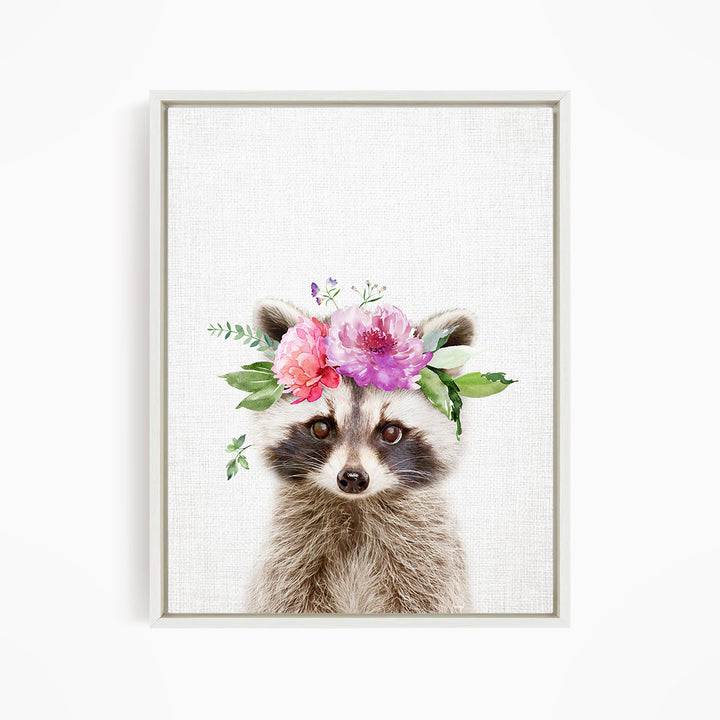 A raccoon wearing a floral crown of pink and purple flowers.