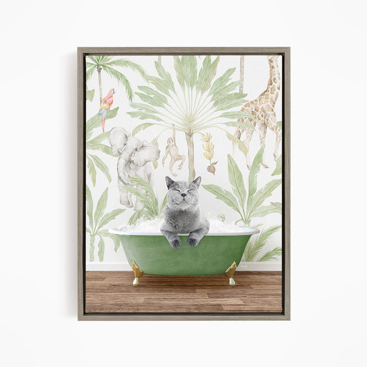 A gray cat sitting in a green bathtub, surrounded by a tropical jungle scene with various animals and plants.