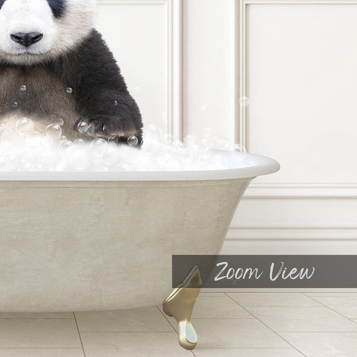 A panda bear sitting in a bathtub filled with bubbles, with the text "Zoom View" displayed below the image.
