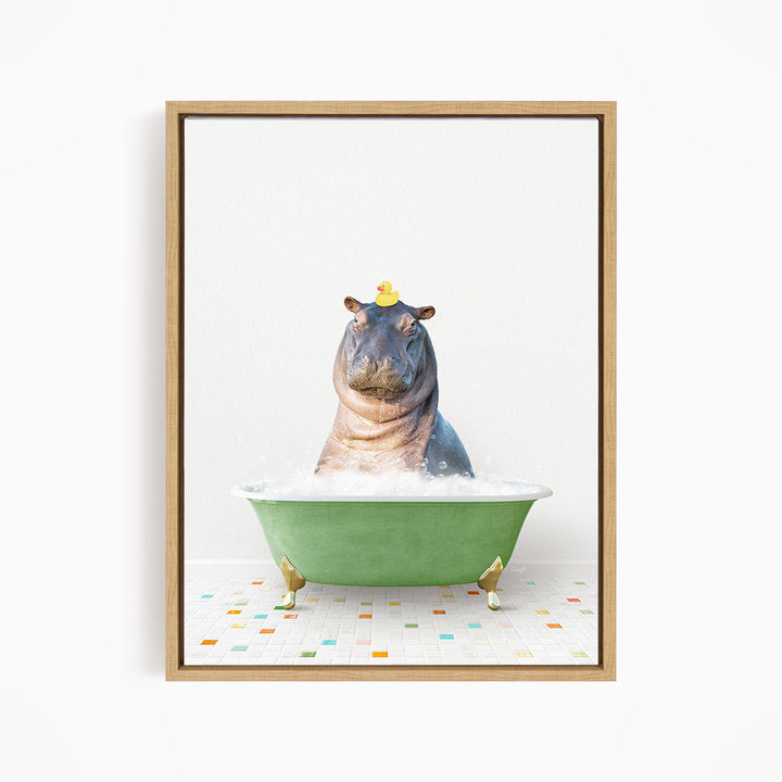 A hippopotamus sitting in a green bathtub filled with bubbles, wearing a yellow rubber duck hat.