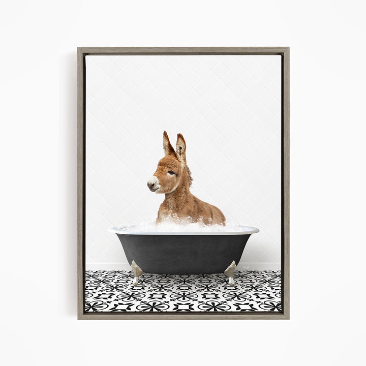 A donkey is sitting in a bathtub filled with water, surrounded by a black and white patterned tile floor.