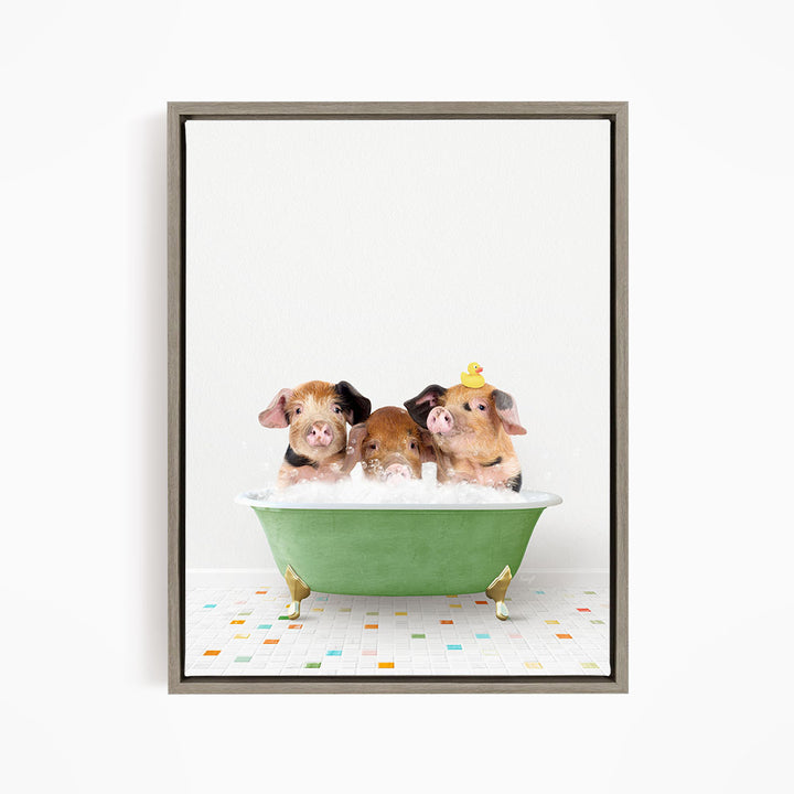 Three adorable pigs sitting in a green bathtub, each wearing a yellow rubber duck hat.