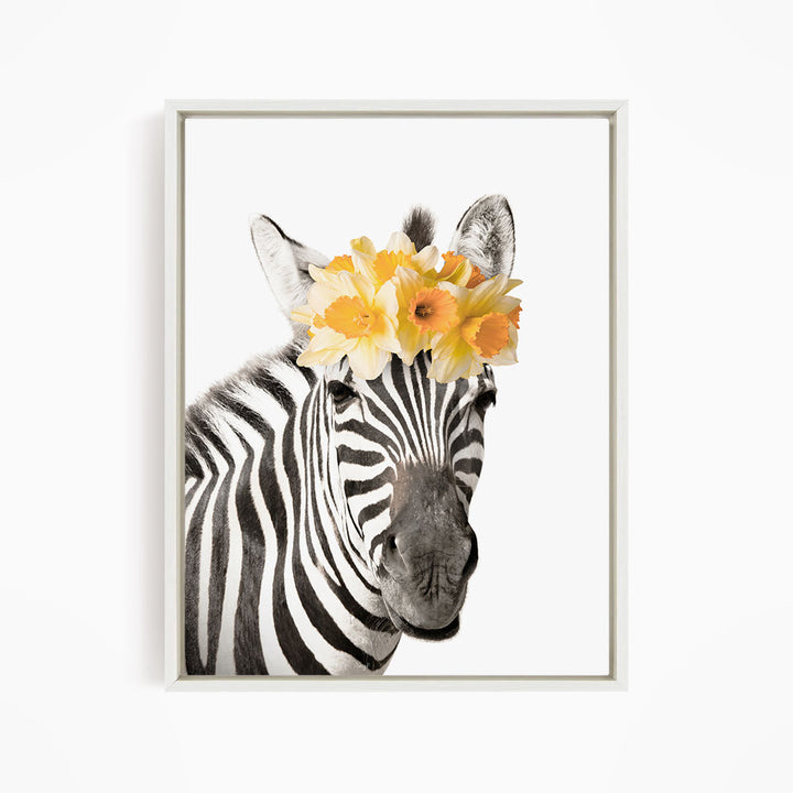 A zebra wearing a yellow flower crown on its head.