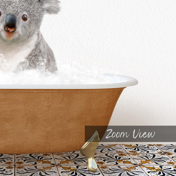 A koala sitting in a bathtub filled with bubbles, with a text overlay that reads "Zoom View".