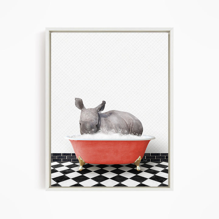 A rhinoceros is sitting in a red bathtub filled with water, surrounded by a black and white checkered floor.