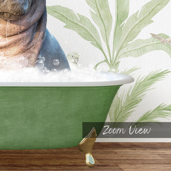 A green bathtub filled with bubbles, with a small bird peeking out from behind it, and a palm tree leaf pattern on the wall behind the tub.