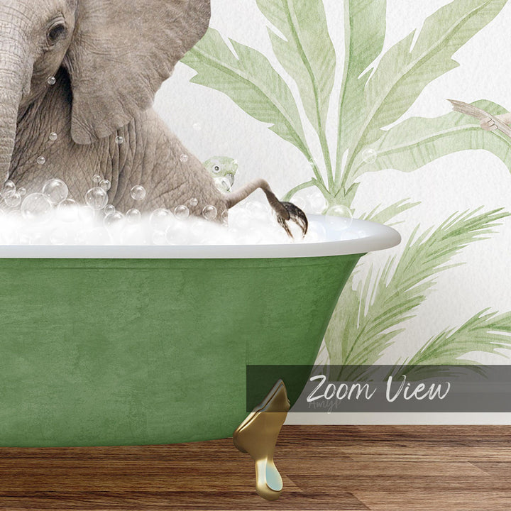 A large elephant is taking a bath in a green bathtub, surrounded by bubbles, with a palm tree and bird in the background.