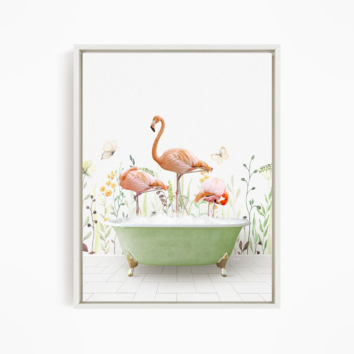 A framed illustration depicting three flamingos standing in a green bathtub filled with water, surrounded by flowers and butterflies.