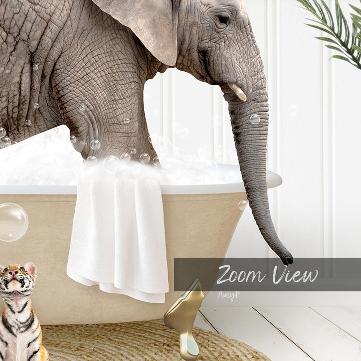 A large elephant is taking a bath in a tub filled with bubbles, with a tiger sitting nearby and a towel hanging on the side of the tub.