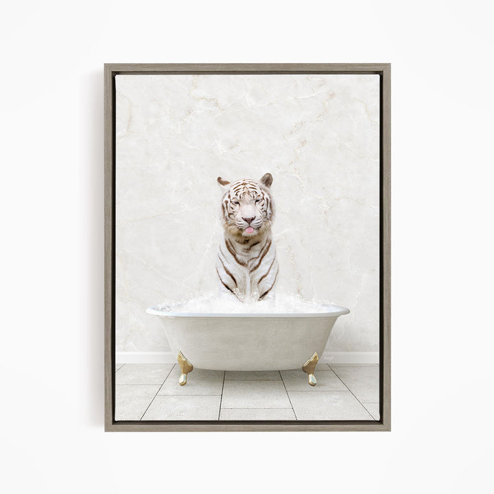 A white tiger sitting in a white bathtub filled with water, with its mouth open and tongue sticking out.