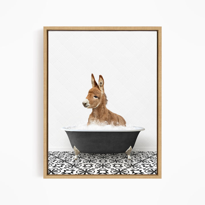 A donkey is sitting in a bathtub filled with water, surrounded by a black and white patterned tile floor.