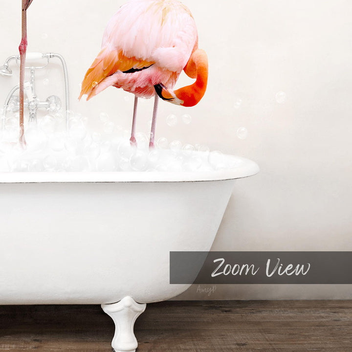 A pink flamingo standing in a white bathtub filled with bubbles, with the text "Zoom View" below the image.
