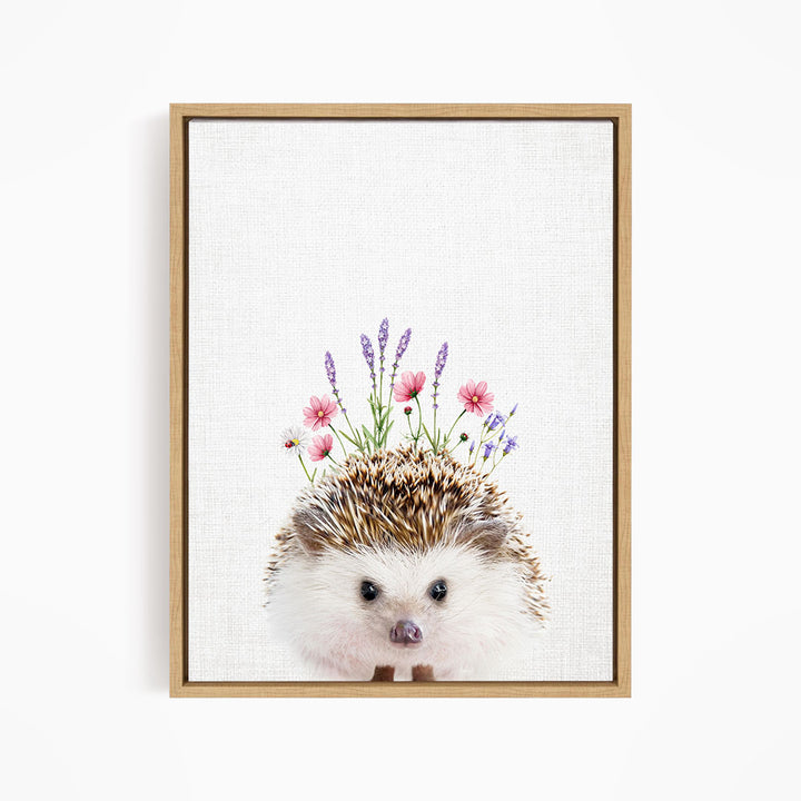 A cute hedgehog with flowers on its head is the main subject of the image.