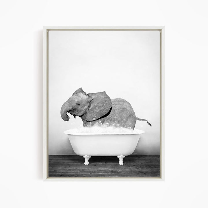 A baby elephant standing in a bathtub filled with water, creating a whimsical and playful scene.