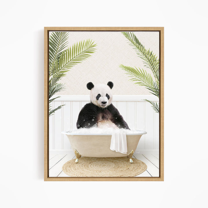 A panda bear sitting in a bathtub filled with bubbles, surrounded by green palm leaves.