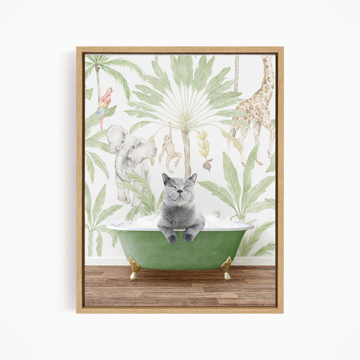 A gray cat sitting in a green bathtub, surrounded by a tropical jungle scene with various animals and plants.