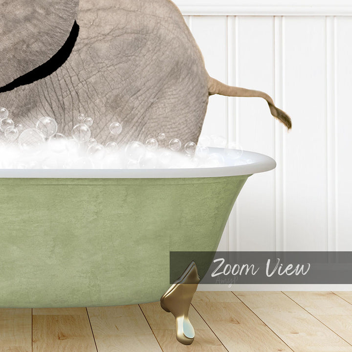 A green bathtub filled with bubbles, with a large elephant standing inside it.