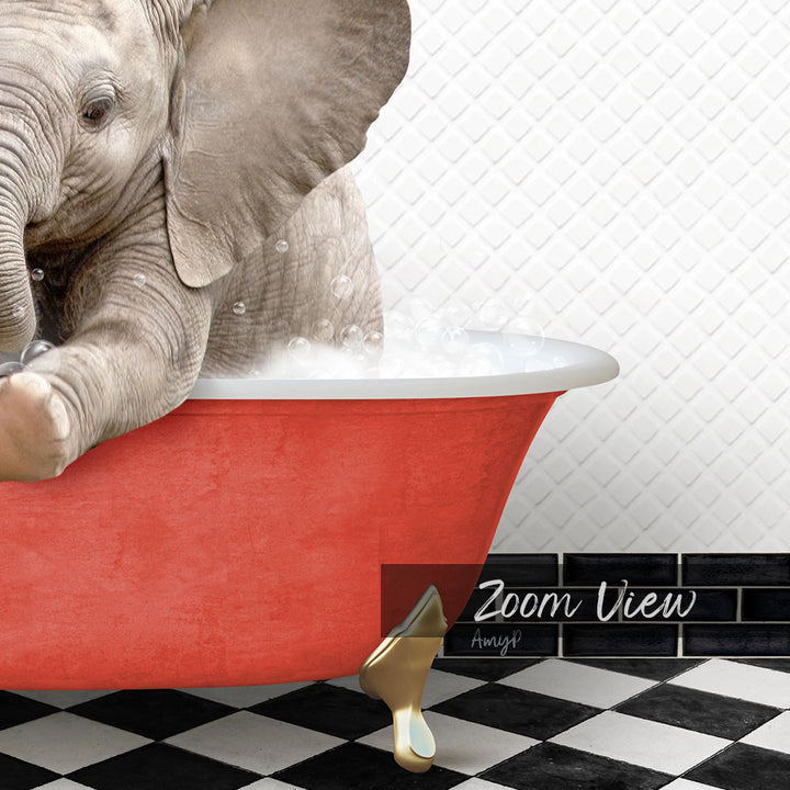A baby elephant sitting in a red bathtub filled with water, surrounded by a black and white checkered floor.