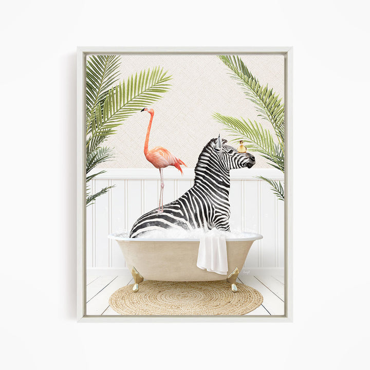 A zebra is sitting in a bathtub, surrounded by a pink flamingo and green palm leaves, creating a whimsical and playful scene.
